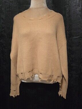 Hot And Delicious L Large Cozy Distressed Crewneck Sweater in Camel